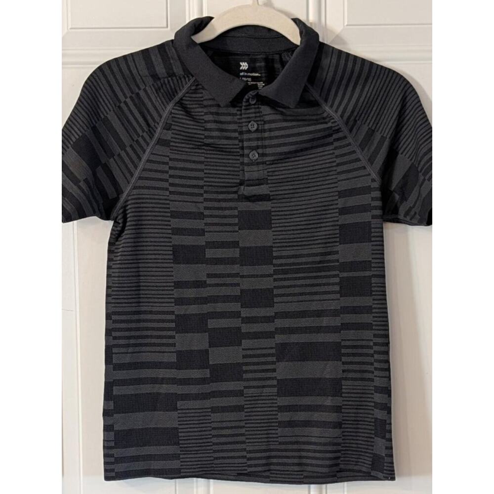 All In Motion Golf Polo Youth Large Black Grey Athletic Pattern Shirt
